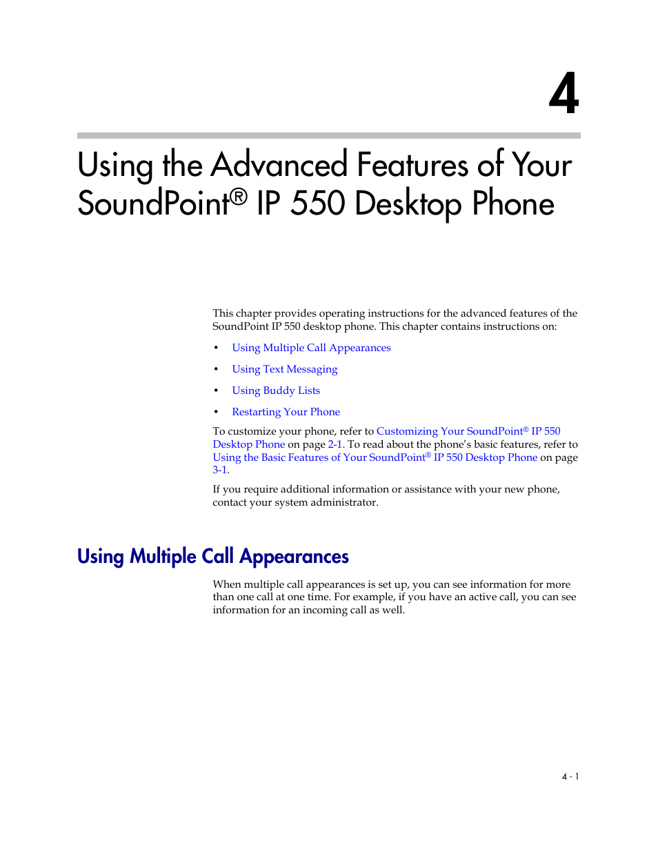 Using multiple call appearances, 4 using the advanced features of your soundpoint, Using multiple call appearances –1 | Using the advanced, Features of your soundpoint, Ip 550 desktop phone, Using the advanced features of your, Soundpoint, Fer to, Using the advanced features of your soundpoint | Nortel Networks SoundPoint IP 550 User Manual | Page 73 / 96