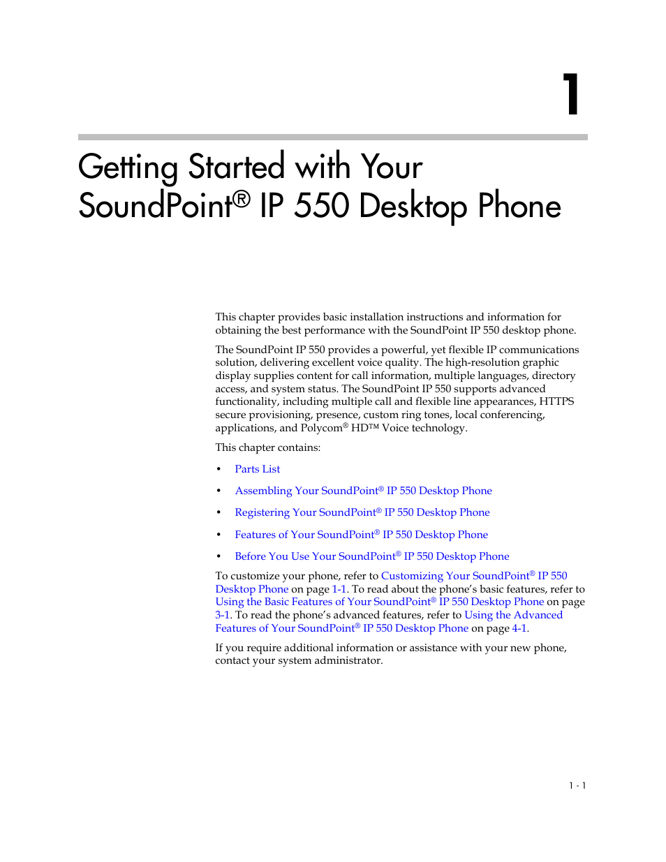 1 getting started with your soundpoint, Getting started with your soundpoint, Ip 550 desktop phone | Nortel Networks SoundPoint IP 550 User Manual | Page 9 / 96