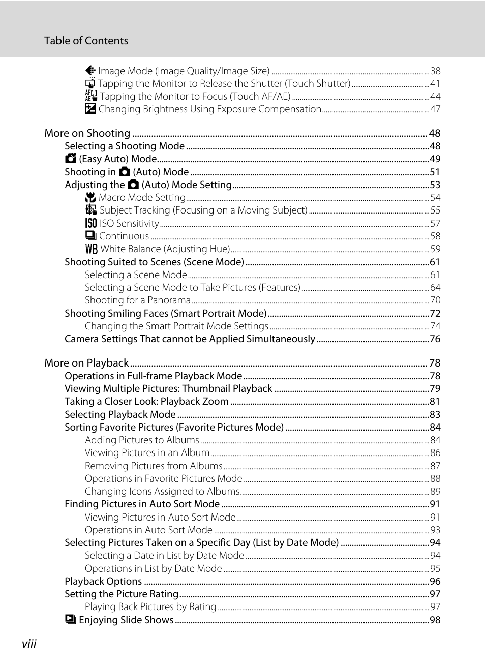 Viii | Nortel Networks COOLPIX S80 User Manual | Page 10 / 204