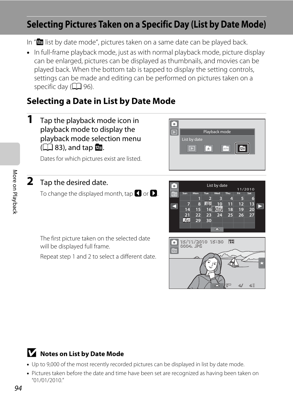 Selecting a date in list by date mode, A 94, Tap the desired date | Dates for which pictures exist are listed | Nortel Networks COOLPIX S80 User Manual | Page 106 / 204