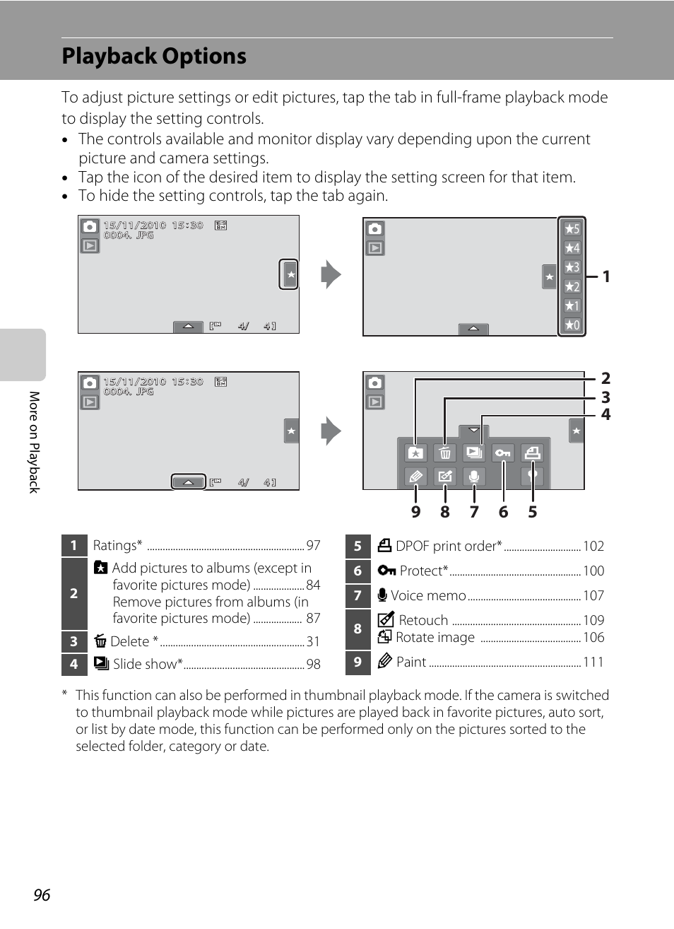 Playback options, A 96) | Nortel Networks COOLPIX S80 User Manual | Page 108 / 204