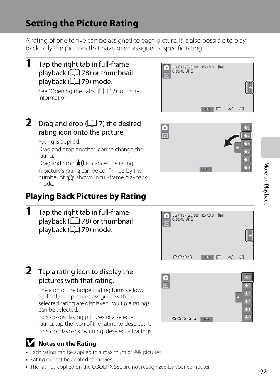 Setting the picture rating, Playing back pictures by rating, A 97) | A 97 | Nortel Networks COOLPIX S80 User Manual | Page 109 / 204