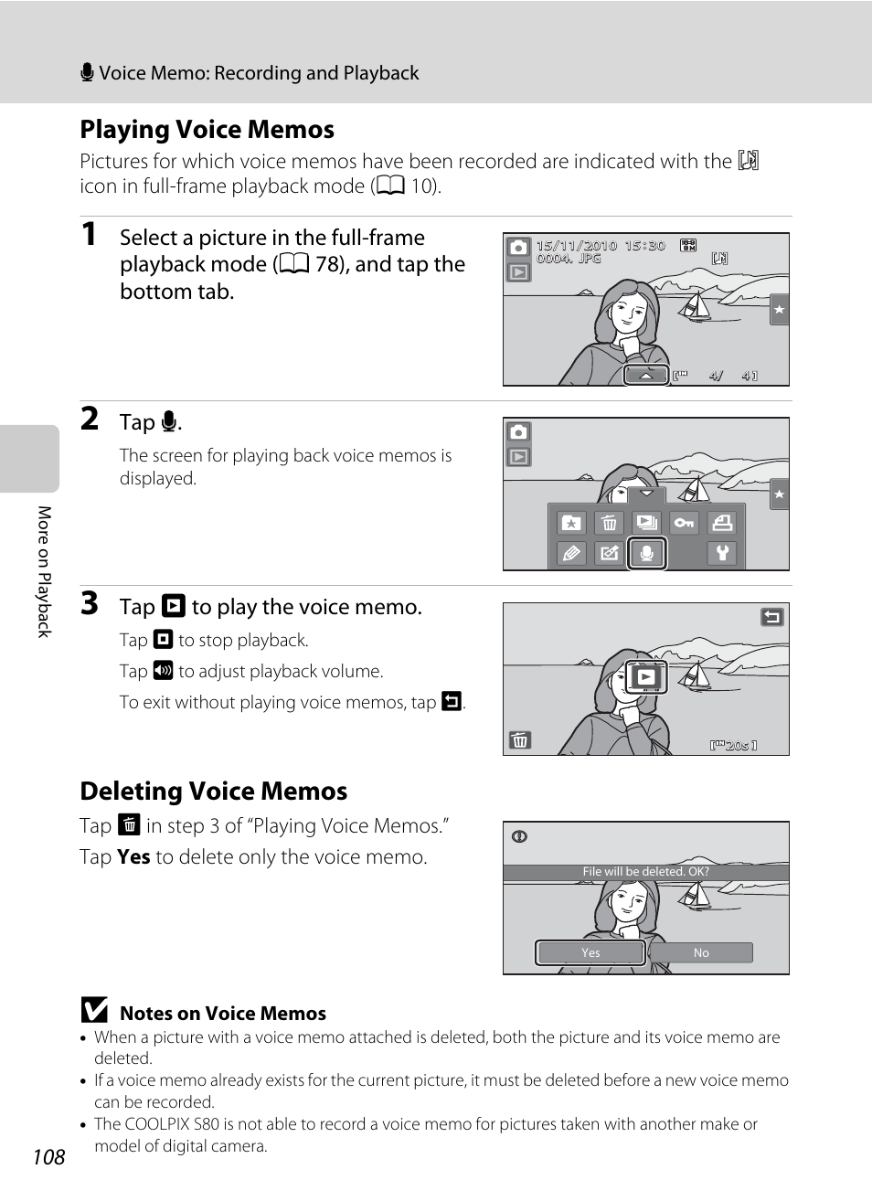 Playing voice memos, Deleting voice memos, Playing voice memos deleting voice memos | A 108) to play the voice memo, Tap e | Nortel Networks COOLPIX S80 User Manual | Page 120 / 204