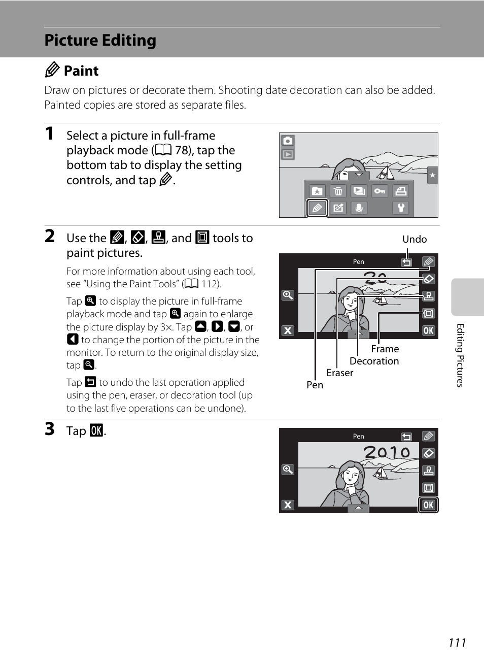 Picture editing, Paint, U paint | A 111) | Nortel Networks COOLPIX S80 User Manual | Page 123 / 204