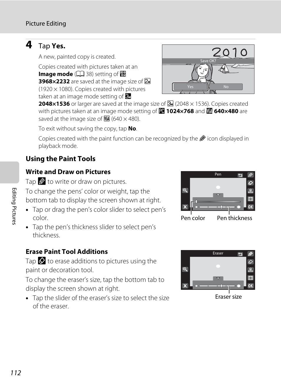 Tap yes, Using the paint tools | Nortel Networks COOLPIX S80 User Manual | Page 124 / 204