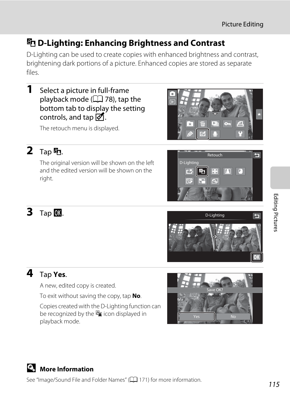 D-lighting: enhancing brightness and contrast, I d-lighting: enhancing brightness and contrast, Lighting | A 115) | Nortel Networks COOLPIX S80 User Manual | Page 127 / 204