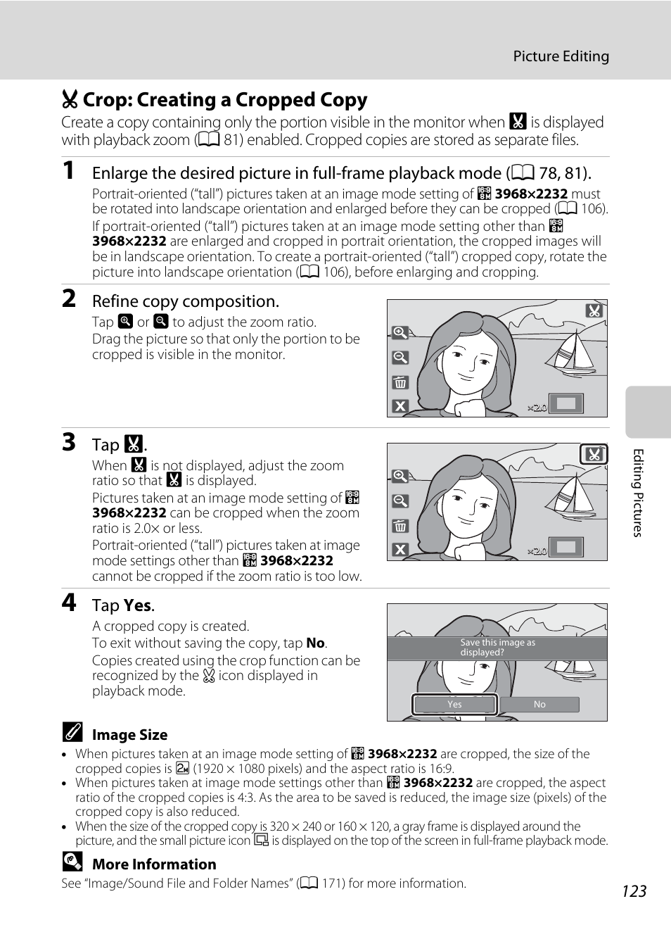 Crop: creating a cropped copy, O crop: creating a cropped copy, A 123) | Refine copy composition, Tap g, Tap yes | Nortel Networks COOLPIX S80 User Manual | Page 135 / 204