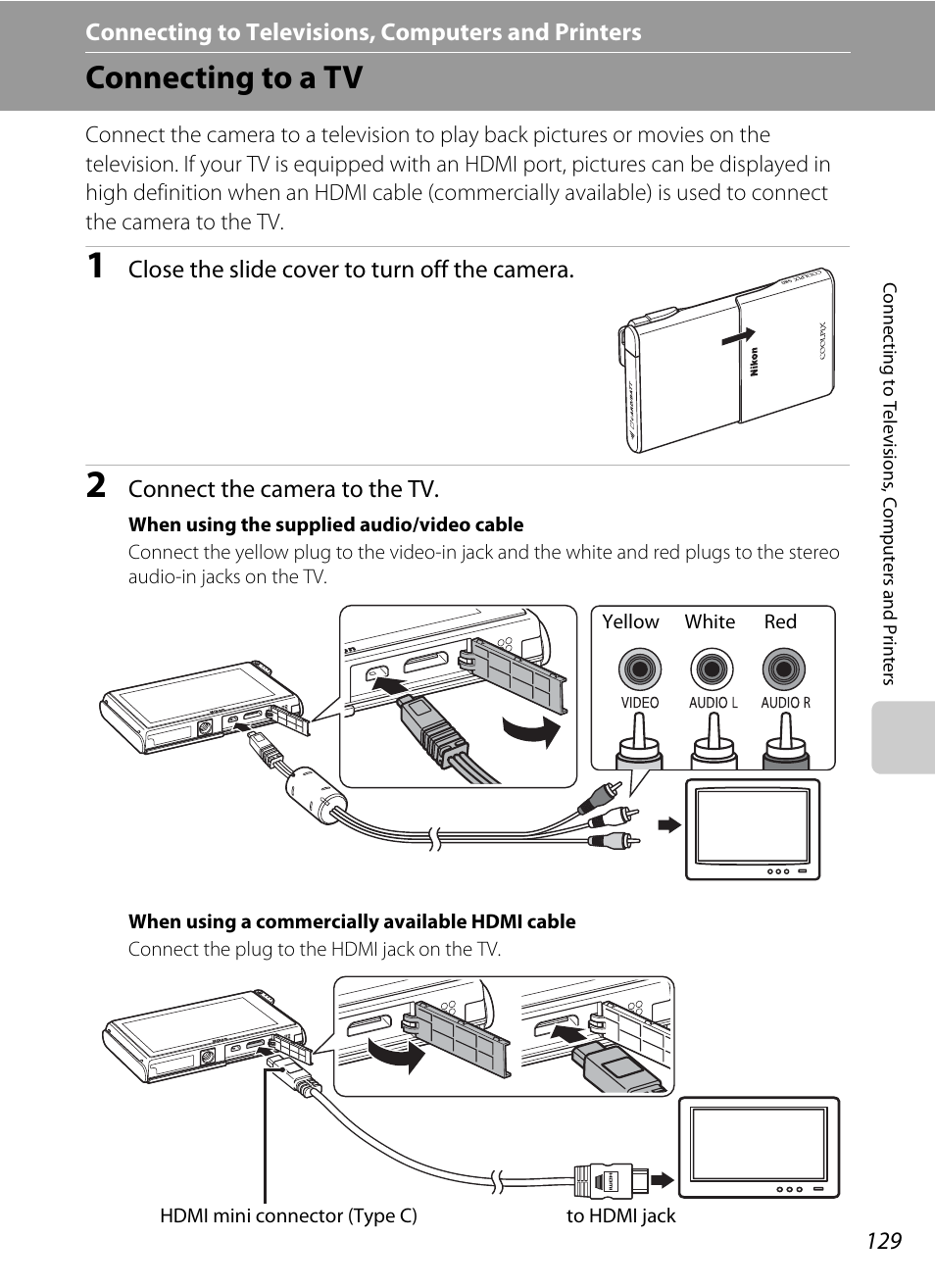 Connecting to televisions, computers and printers, Connecting to a tv | Nortel Networks COOLPIX S80 User Manual | Page 141 / 204