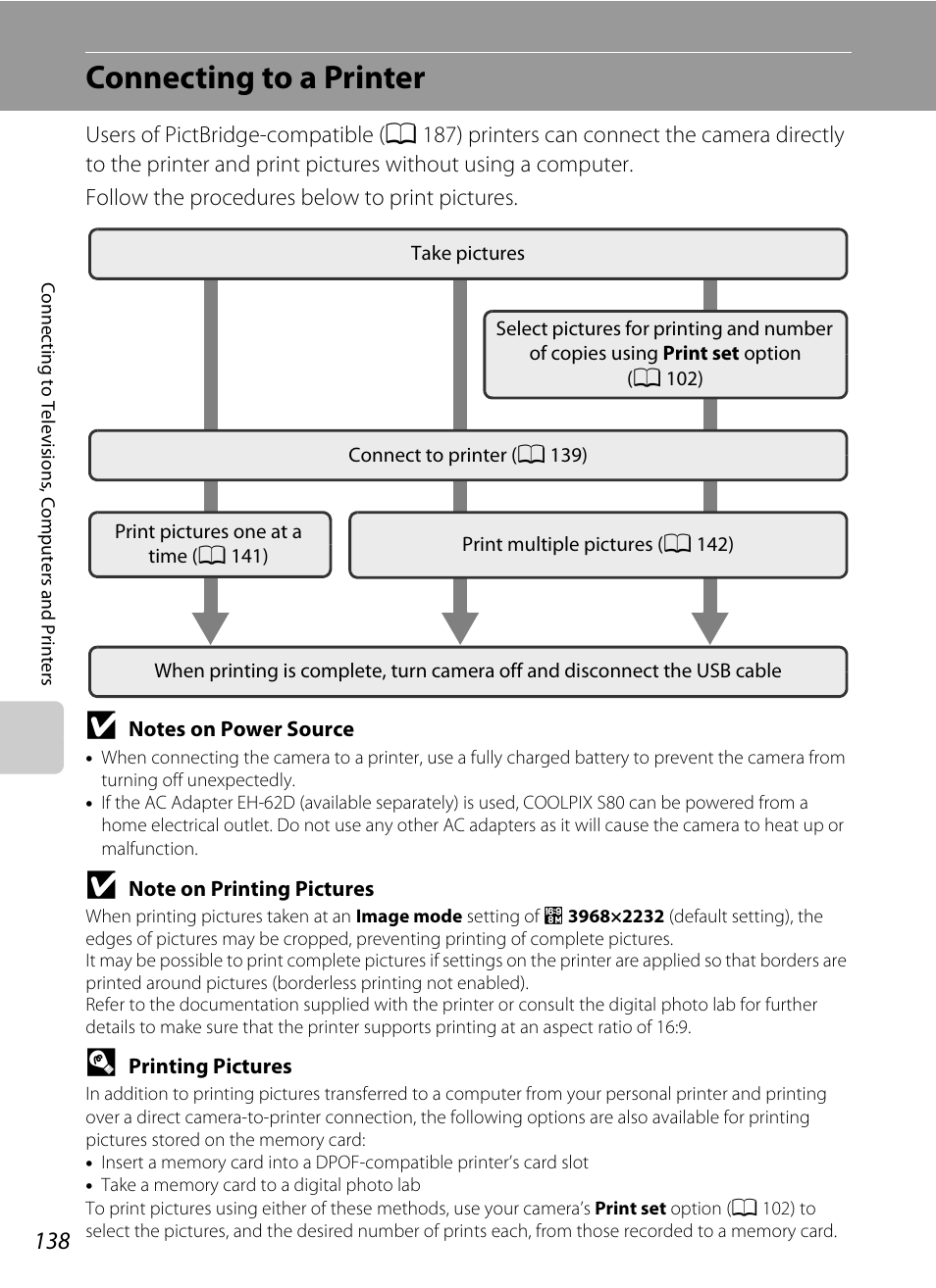 Connecting to a printer, A 138) | Nortel Networks COOLPIX S80 User Manual | Page 150 / 204