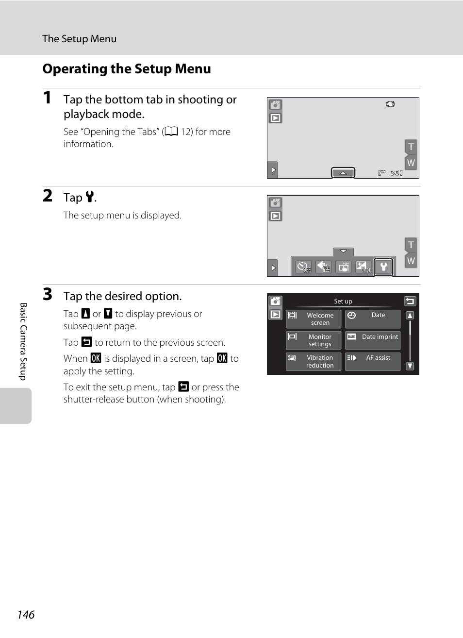 Operating the setup menu, Tap the bottom tab in shooting or playback mode, Tap z | Tap the desired option | Nortel Networks COOLPIX S80 User Manual | Page 158 / 204