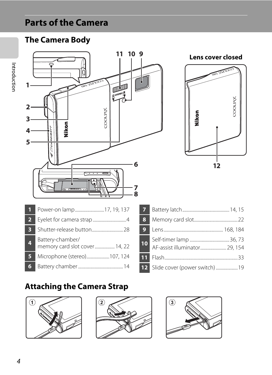 Parts of the camera, The camera body, Attaching the camera strap | The camera body attaching the camera strap | Nortel Networks COOLPIX S80 User Manual | Page 16 / 204