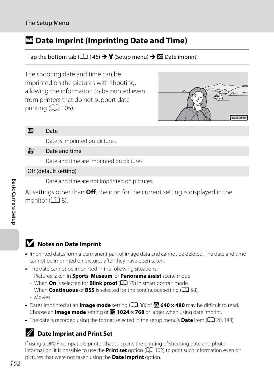 Date imprint (imprinting date and time), F date imprint (imprinting date and time), A 152) | A 152 | Nortel Networks COOLPIX S80 User Manual | Page 164 / 204