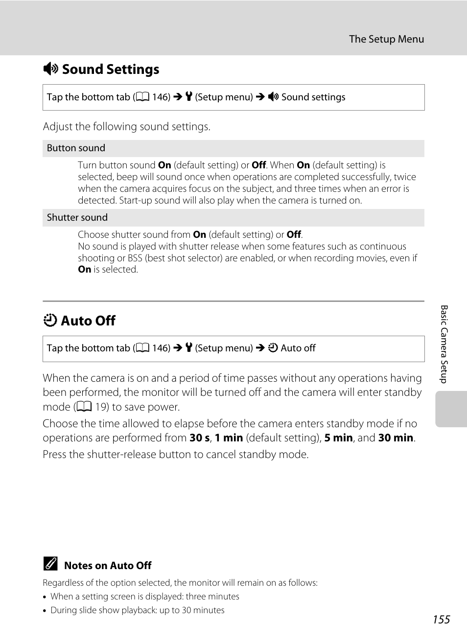 Sound settings, Auto off, I sound settings k auto off | A 155), A 155, A 155) duri, A 155) i, I sound settings, K auto off | Nortel Networks COOLPIX S80 User Manual | Page 167 / 204