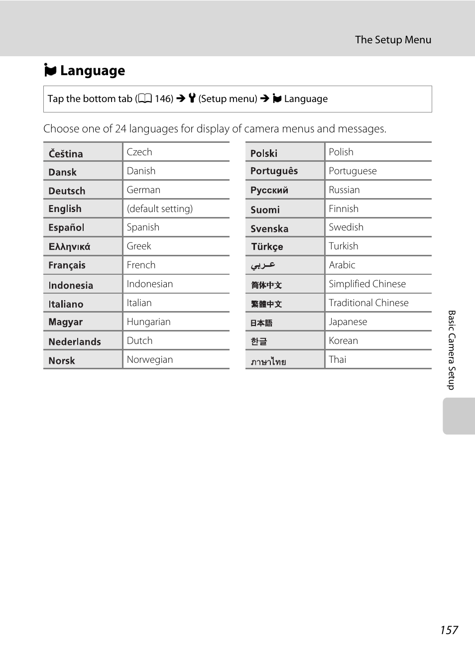 Language, N language, A 157 | Nortel Networks COOLPIX S80 User Manual | Page 169 / 204