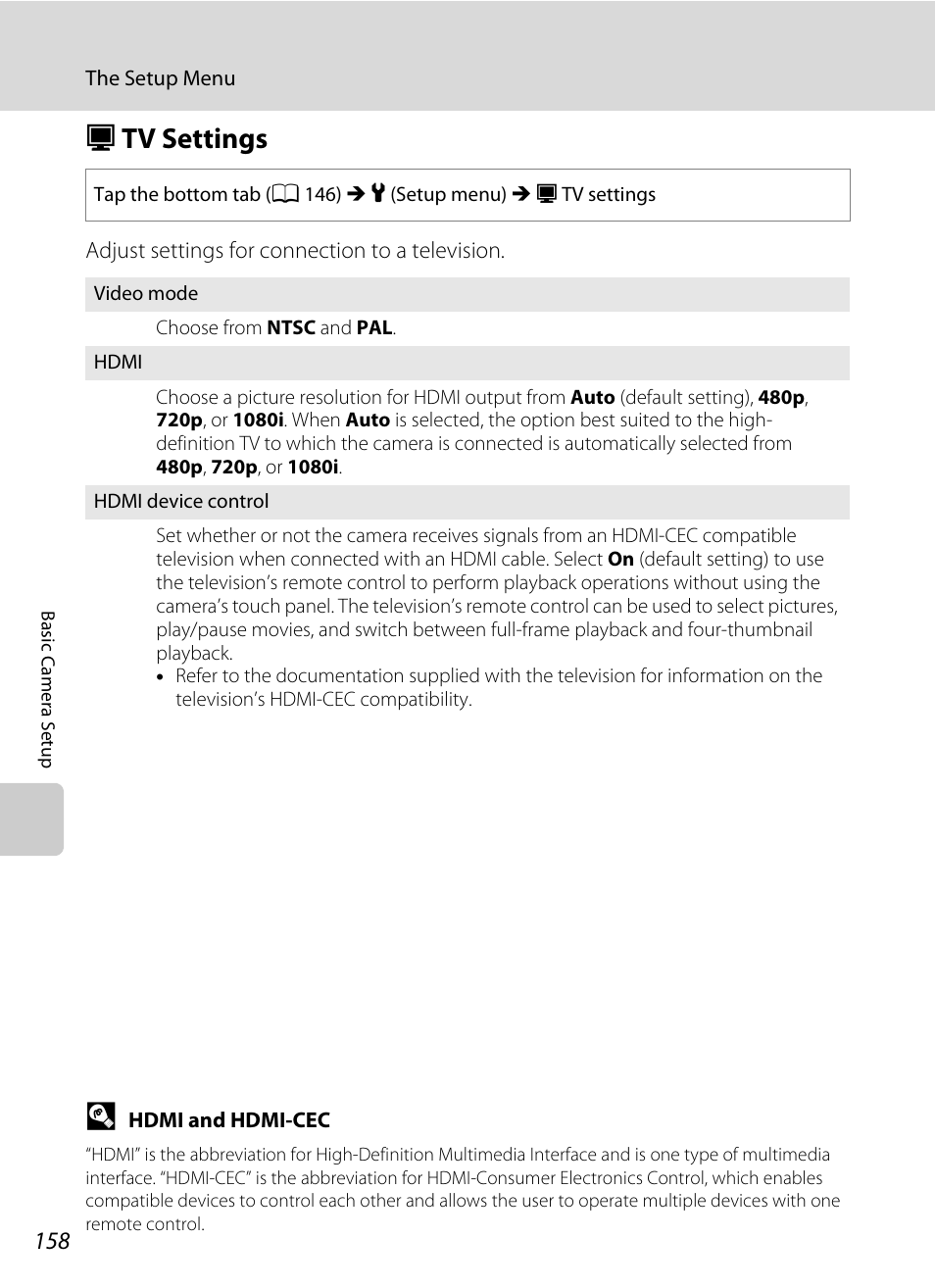 Tv settings, H tv settings, A 158) | A 158 | Nortel Networks COOLPIX S80 User Manual | Page 170 / 204