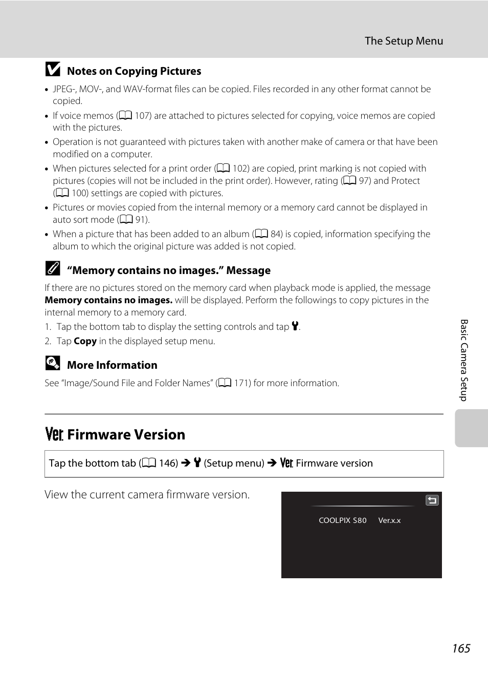 Firmware version, R firmware version, A 165 | Nortel Networks COOLPIX S80 User Manual | Page 177 / 204