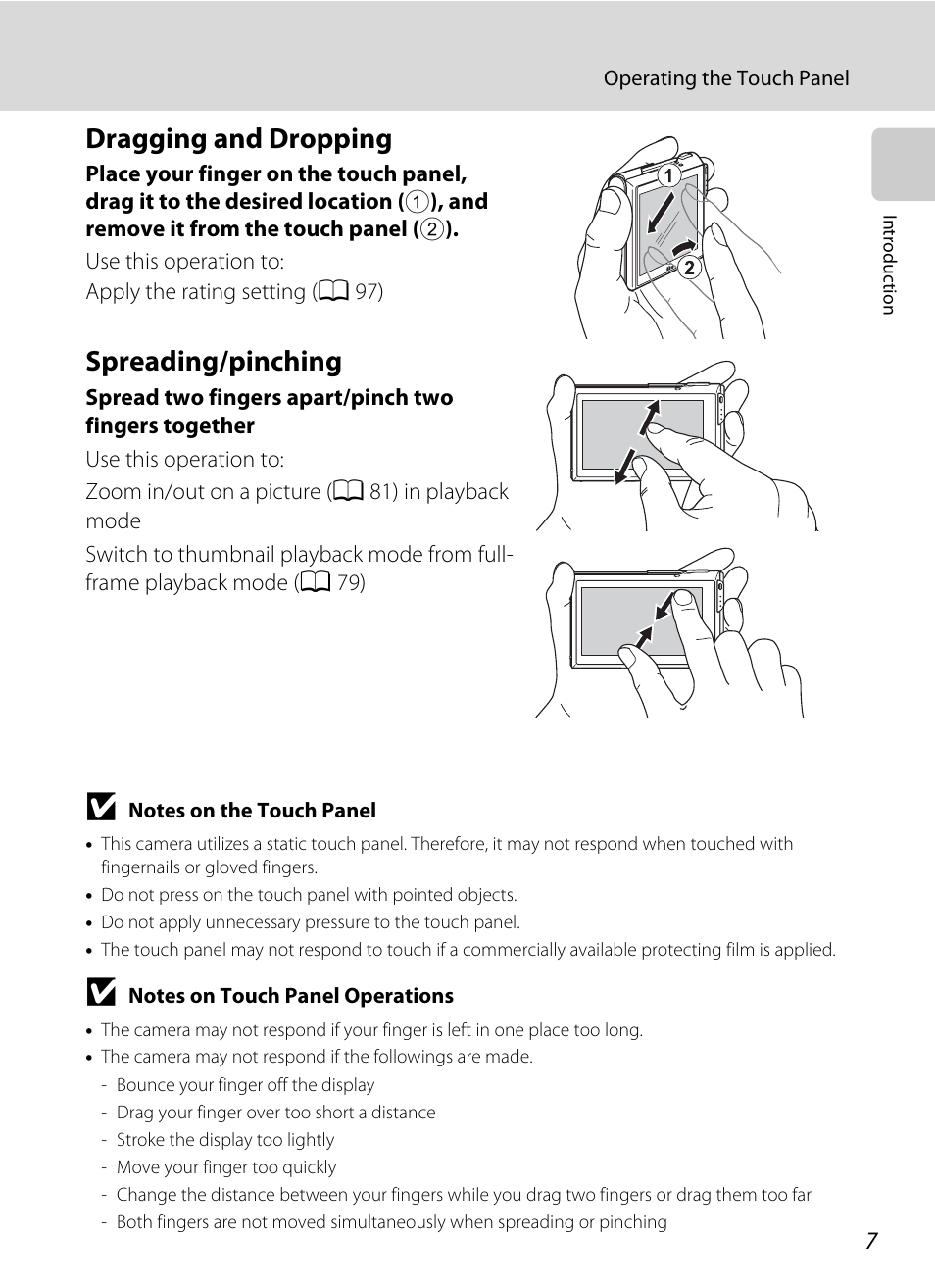 Dragging and dropping, Spreading/pinching, Dragging and dropping spreading/pinching | Nortel Networks COOLPIX S80 User Manual | Page 19 / 204