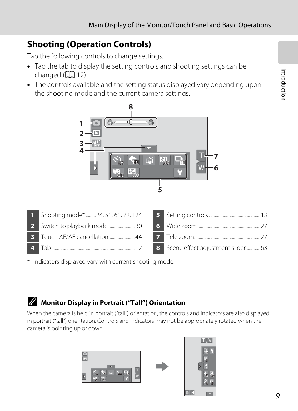 Shooting (operation controls), Monitor display in portrait (“tall”) orientation | Nortel Networks COOLPIX S80 User Manual | Page 21 / 204