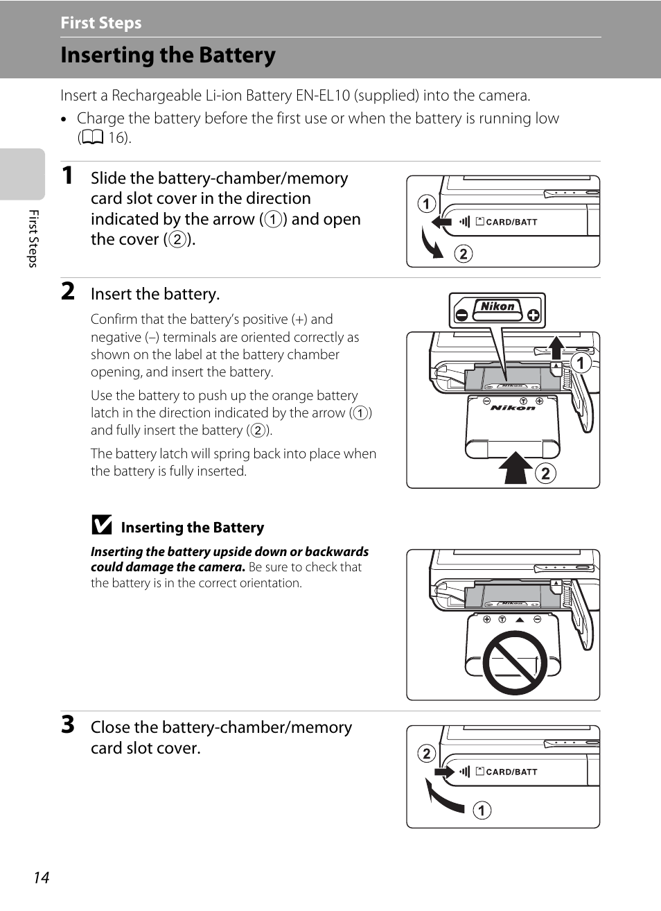 First steps, Inserting the battery | Nortel Networks COOLPIX S80 User Manual | Page 26 / 204