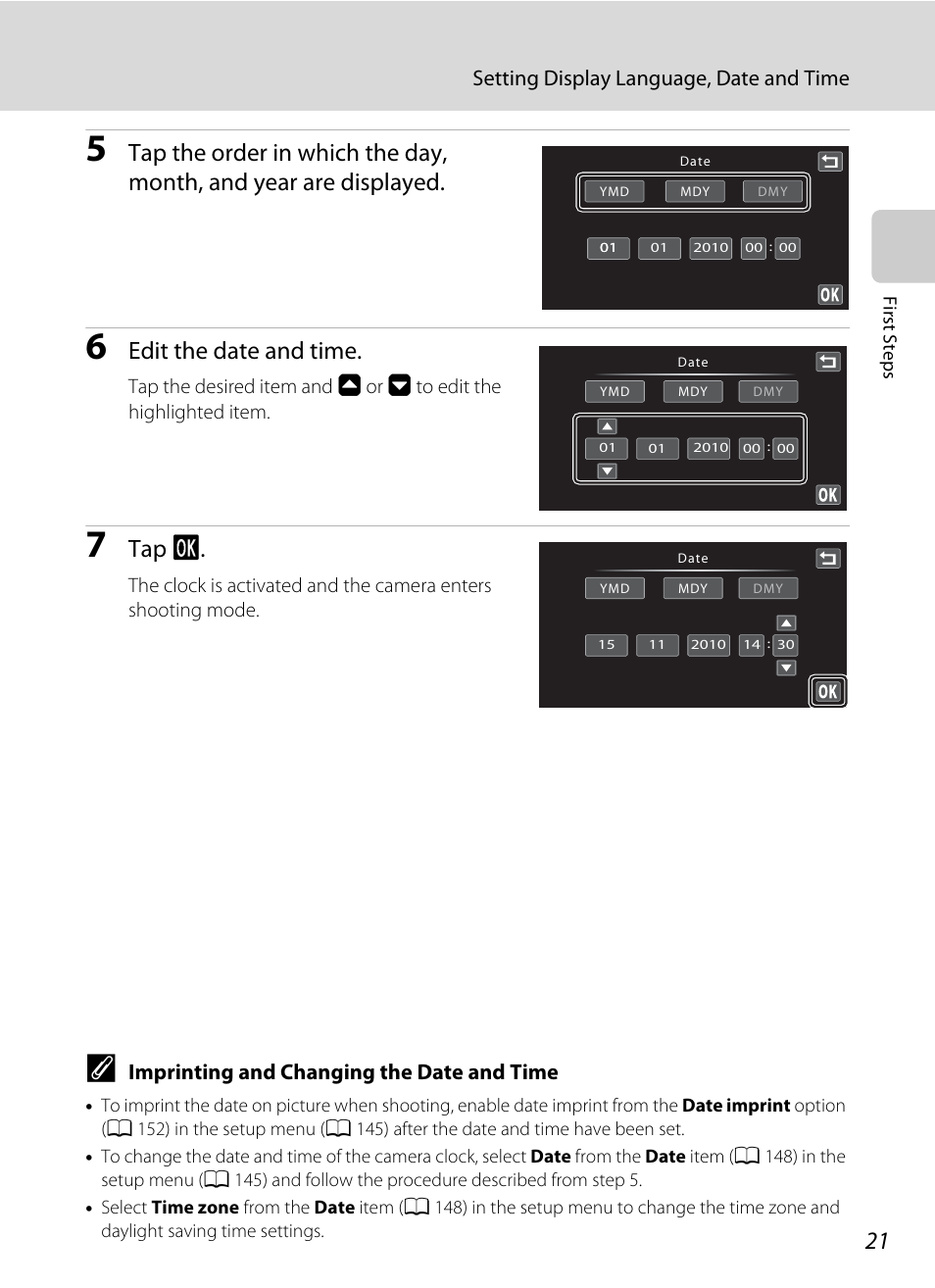 Edit the date and time, Tap i, Setting display language, date and time | Imprinting and changing the date and time | Nortel Networks COOLPIX S80 User Manual | Page 33 / 204