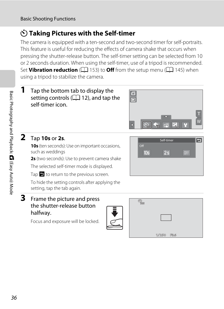 Taking pictures with the self-timer, N taking pictures with the self-timer, Tap 10s or 2s | Nortel Networks COOLPIX S80 User Manual | Page 48 / 204