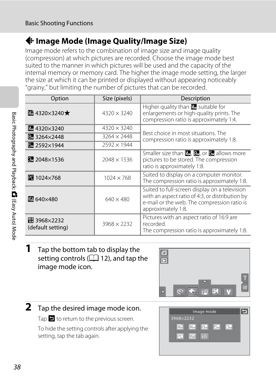 Image mode (image quality/image size), A image mode (image quality/image size), A 38) | Tap the desired image mode icon | Nortel Networks COOLPIX S80 User Manual | Page 50 / 204