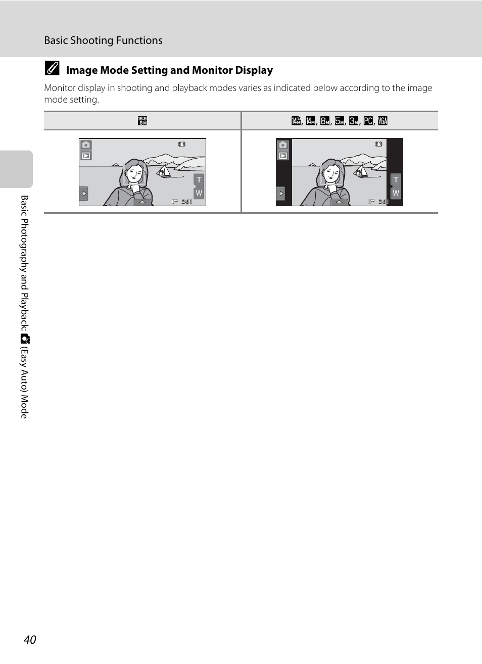 Basic shooting functions, Image mode setting and monitor display | Nortel Networks COOLPIX S80 User Manual | Page 52 / 204