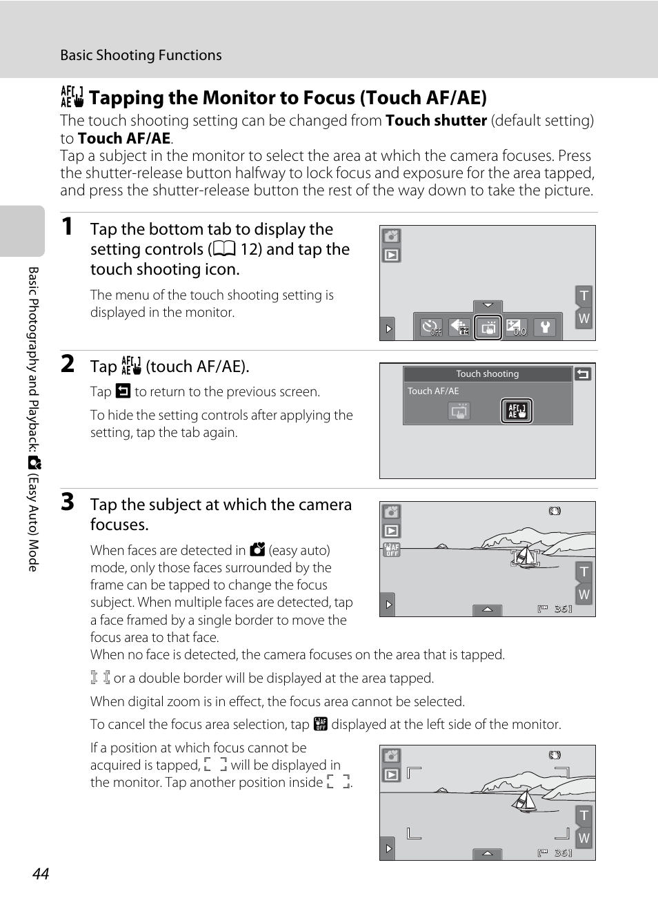 Tapping the monitor to focus (touch af/ae), R tapping the monitor to focus (touch af/ae), A 44 | A 44), Tap r (touch af/ae), Tap the subject at which the camera focuses | Nortel Networks COOLPIX S80 User Manual | Page 56 / 204