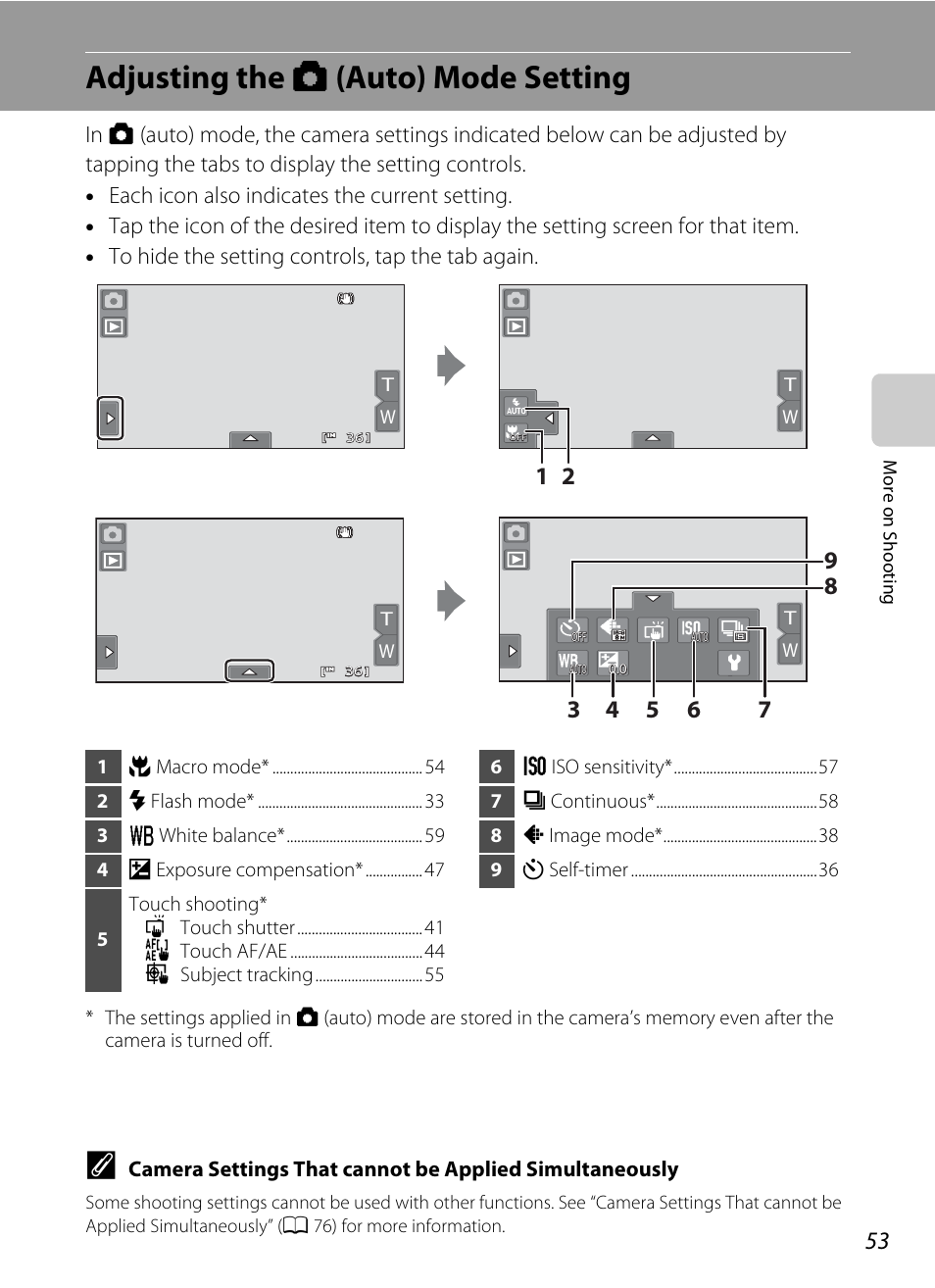 Adjusting the auto mode setting, Adjusting the a (auto) mode setting, A 53) | E “adjusting the a (auto) mode setting, A 53) for | Nortel Networks COOLPIX S80 User Manual | Page 65 / 204