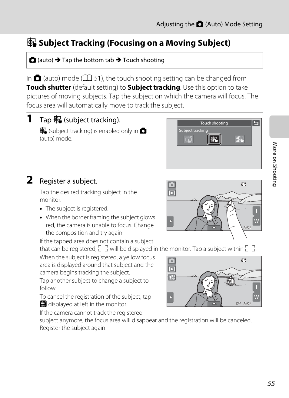 Subject tracking (focusing on a moving subject), S subject tracking (focusing on a moving subject), A 55) | Tap s (subject tracking), Register a subject | Nortel Networks COOLPIX S80 User Manual | Page 67 / 204