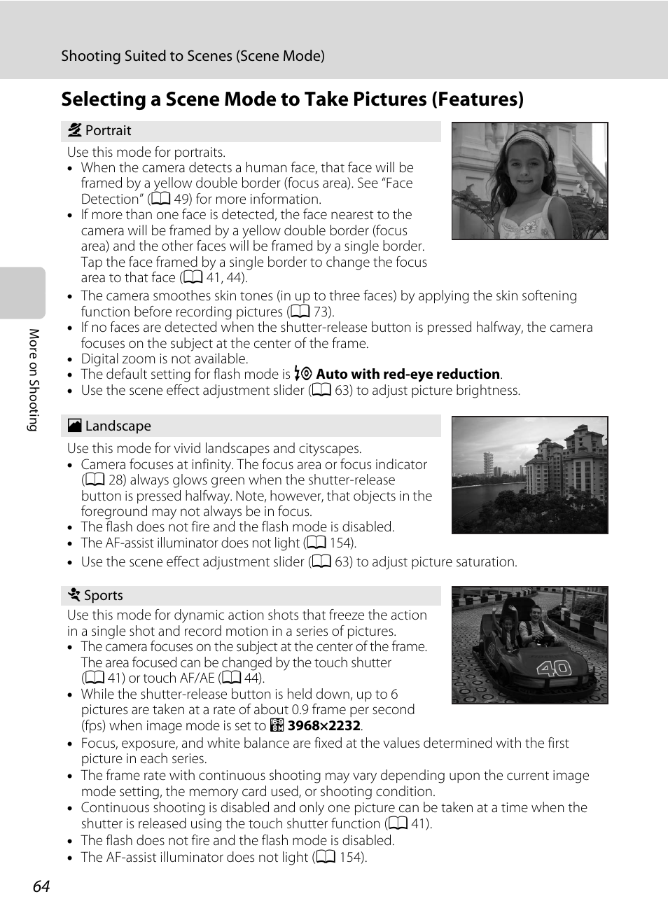 Selecting a scene mode to take pictures (features), Features), A 64) | A 64 | Nortel Networks COOLPIX S80 User Manual | Page 76 / 204