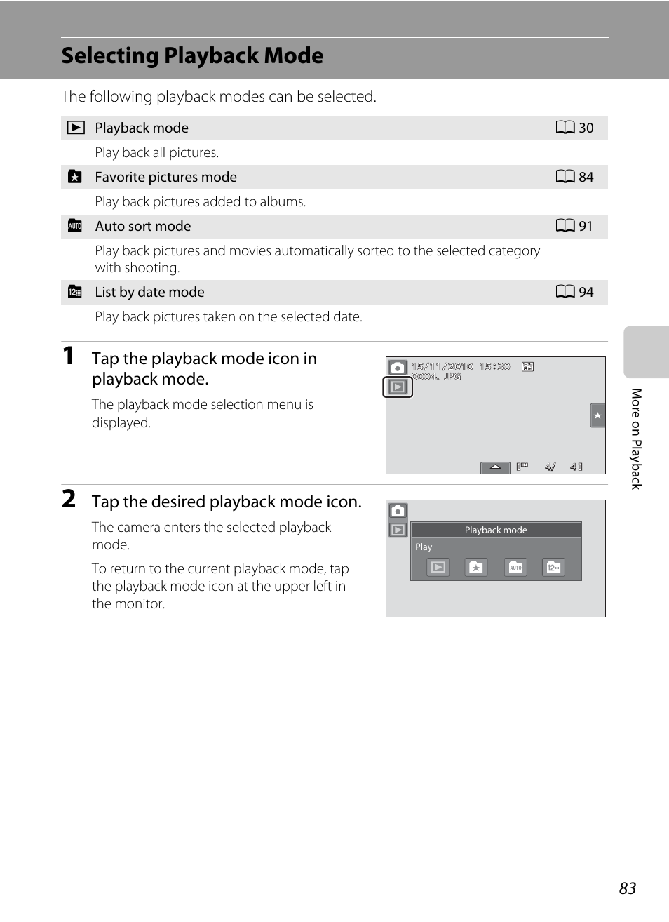 Selecting playback mode, Tap the playback mode icon in playback mode, Tap the desired playback mode icon | The following playback modes can be selected | Nortel Networks COOLPIX S80 User Manual | Page 95 / 204
