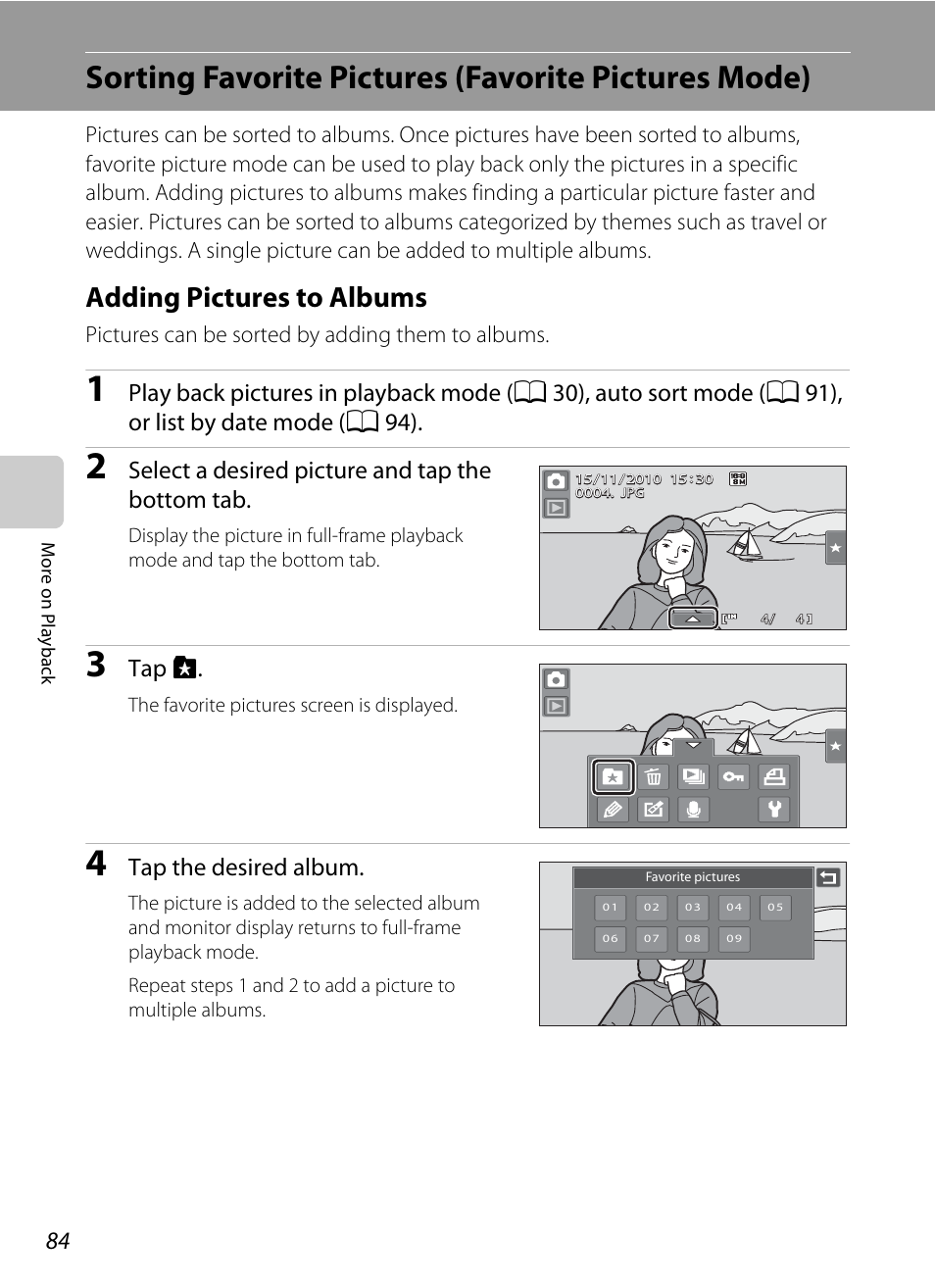 Sorting favorite pictures (favorite pictures mode), Adding pictures to albums, A 84), th | A 84, Select a desired picture and tap the bottom tab, Tap h, Tap the desired album, Pictures can be sorted by adding them to albums | Nortel Networks COOLPIX S80 User Manual | Page 96 / 204