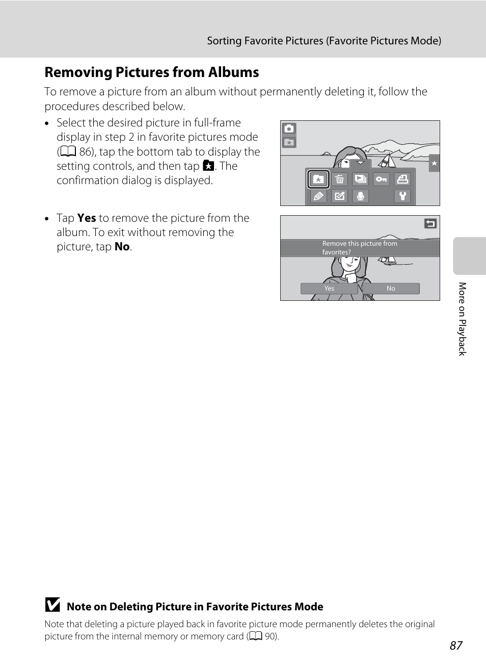 Removing pictures from albums, Ee “removing pictures from albums, A 87) f | Nortel Networks COOLPIX S80 User Manual | Page 99 / 204