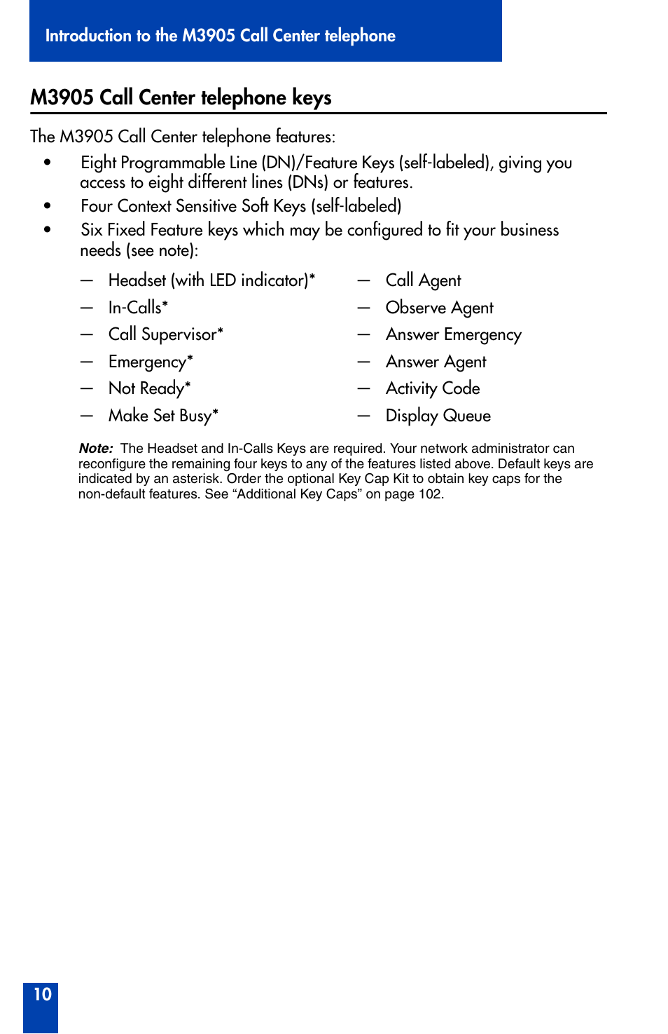 M3905 call center telephone keys, M3905 call center telephone keys 10 | Nortel Networks Meridian M3905 User Manual | Page 10 / 110