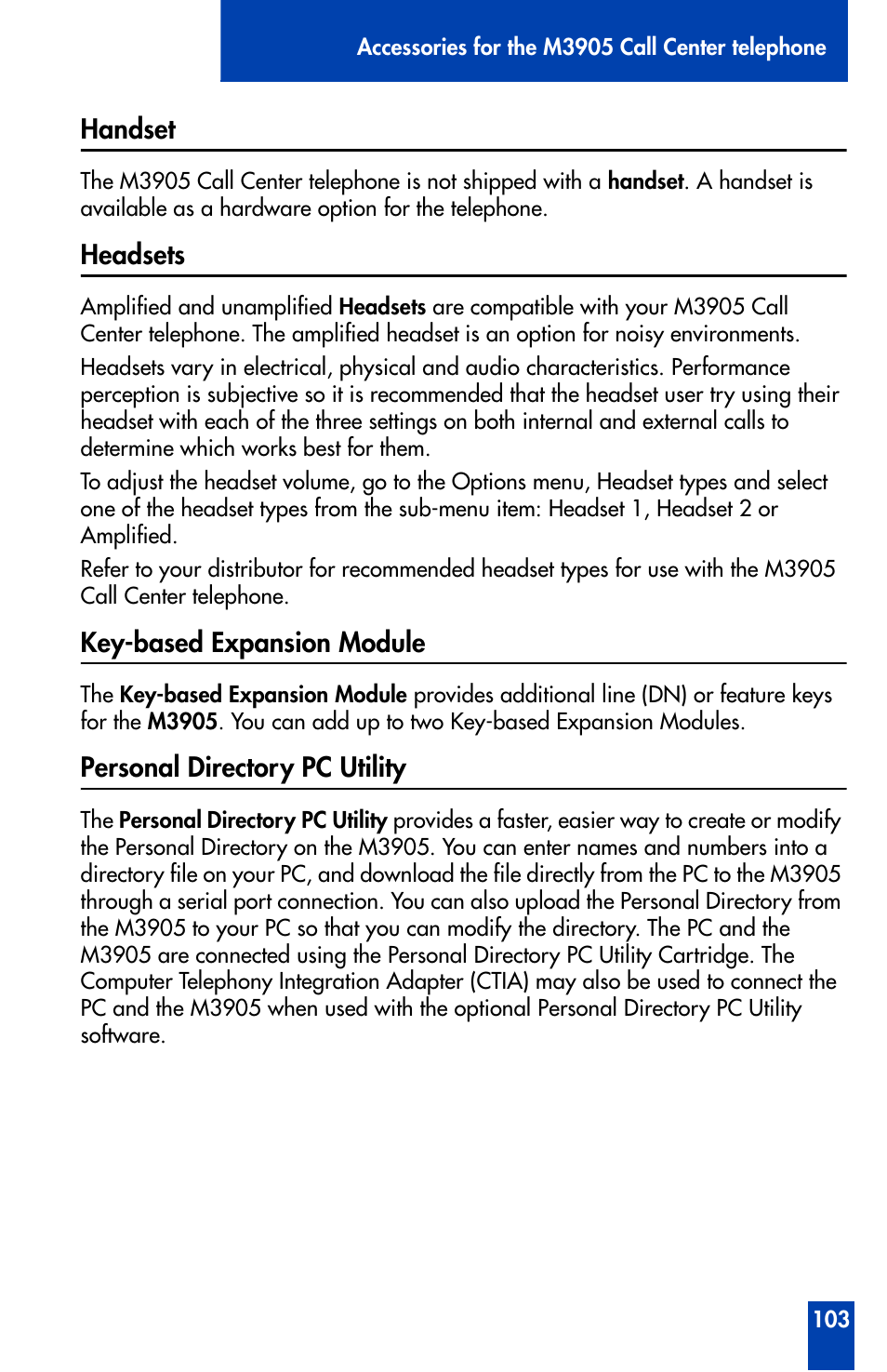 Handset, Headsets, Key-based expansion module | Personal directory pc utility | Nortel Networks Meridian M3905 User Manual | Page 103 / 110