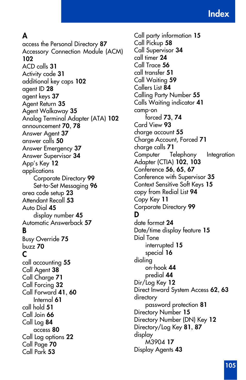 Index | Nortel Networks Meridian M3905 User Manual | Page 105 / 110