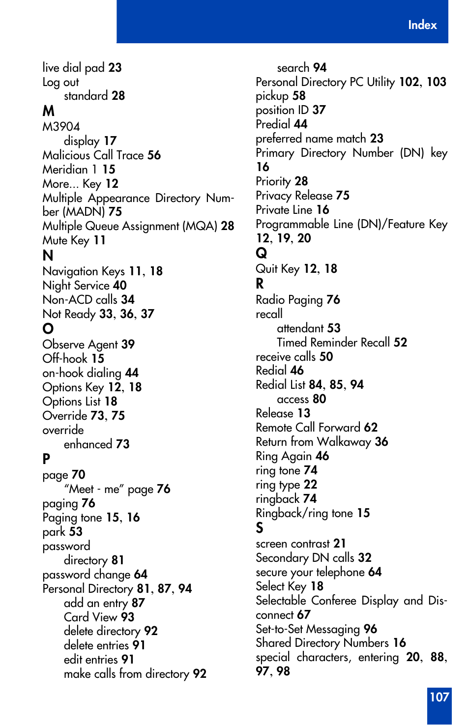 Nortel Networks Meridian M3905 User Manual | Page 107 / 110