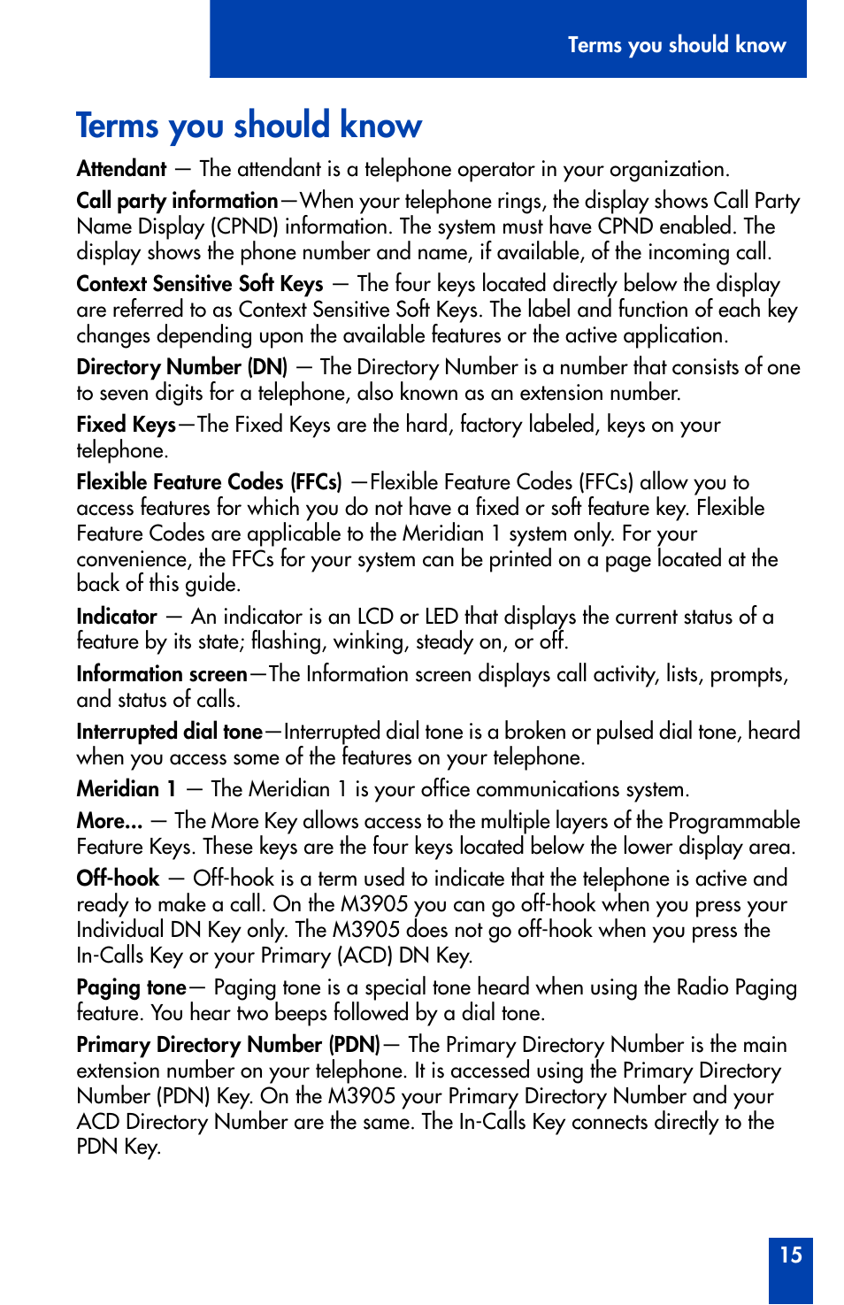Terms you should know, Terms you should know 15 | Nortel Networks Meridian M3905 User Manual | Page 15 / 110