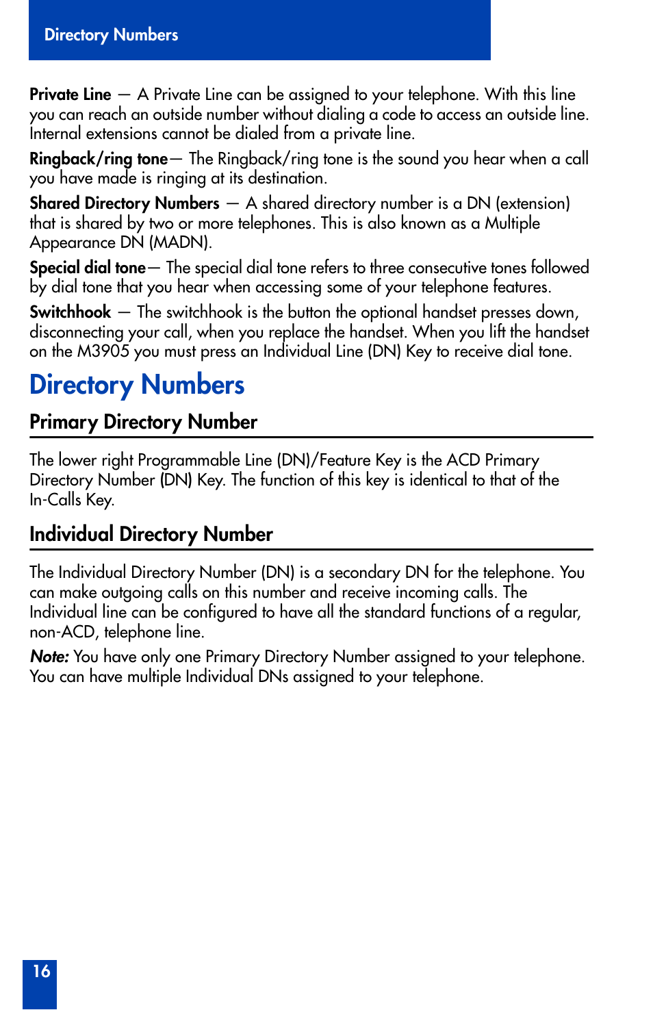 Directory numbers, Primary directory number, Individual directory number | Directory numbers 16 | Nortel Networks Meridian M3905 User Manual | Page 16 / 110