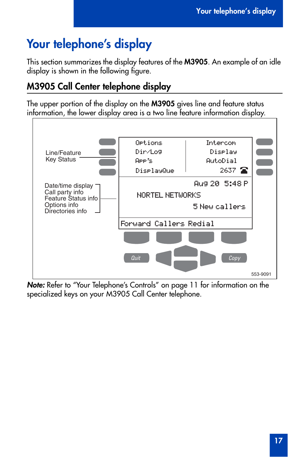 Your telephone’s display, M3905 call center telephone display, Your telephone’s display 17 | M3905 call center telephone display 17 | Nortel Networks Meridian M3905 User Manual | Page 17 / 110