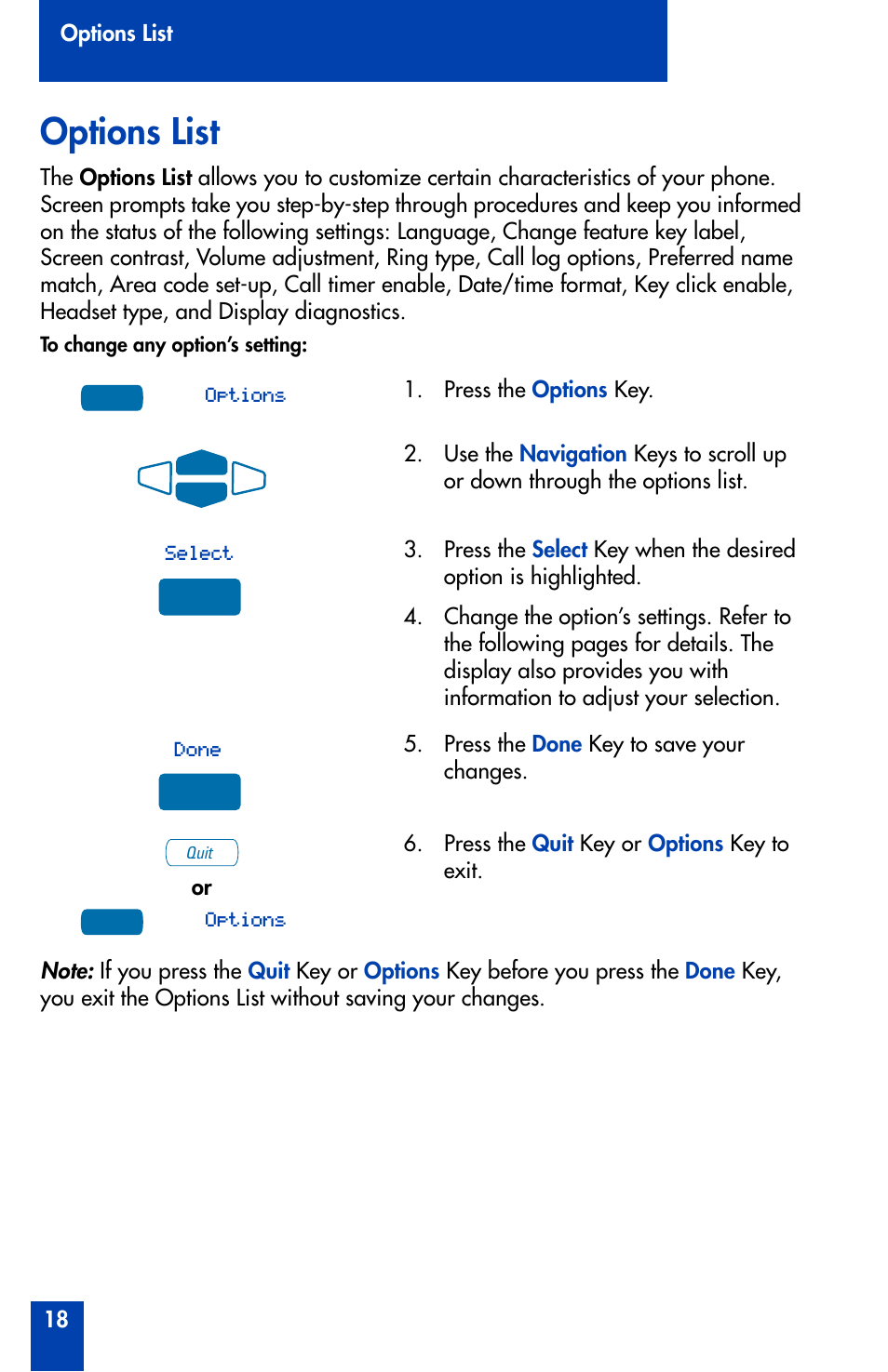 Options list, Options list 18 | Nortel Networks Meridian M3905 User Manual | Page 18 / 110