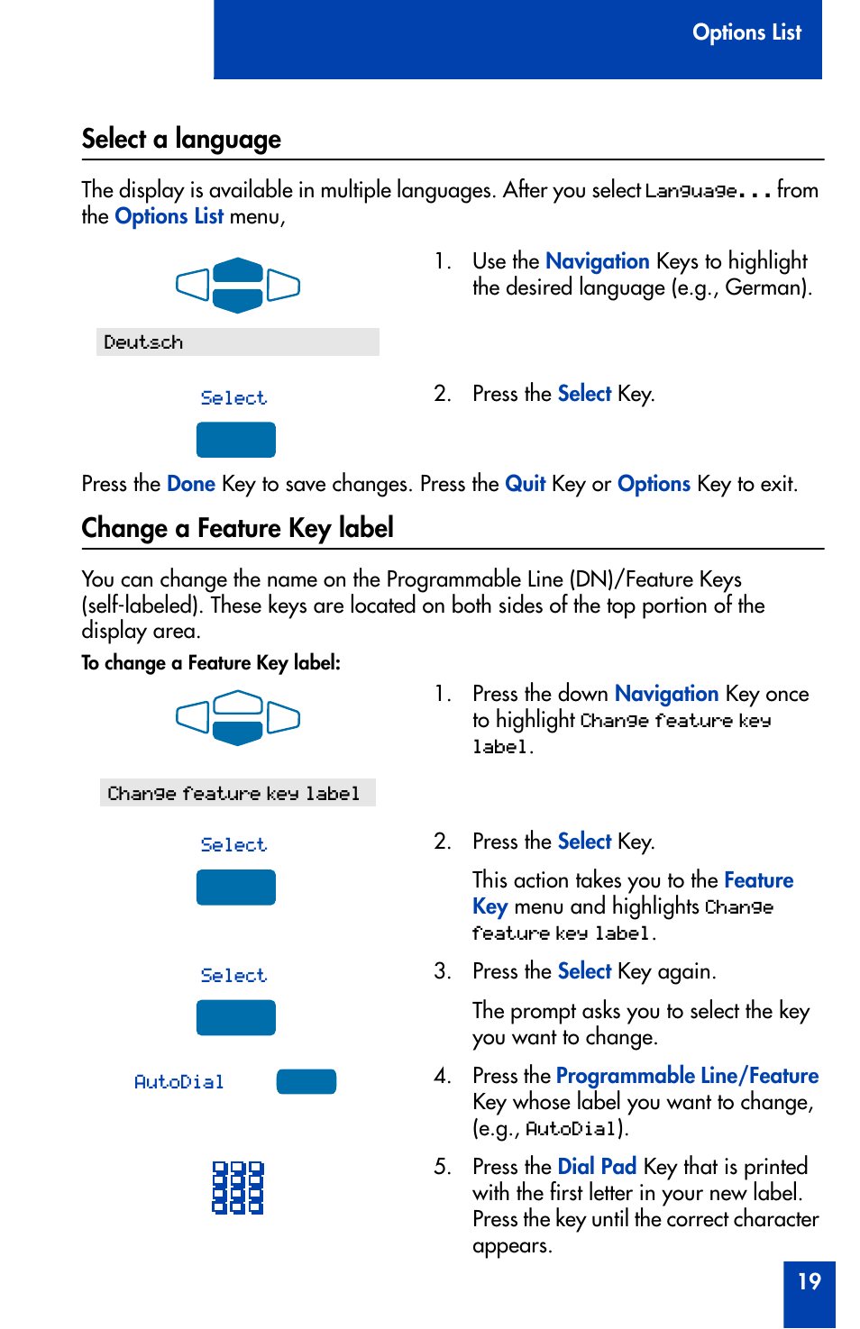 Select a language, Change a feature key label, Select a language 19 change a feature key label 19 | Nortel Networks Meridian M3905 User Manual | Page 19 / 110