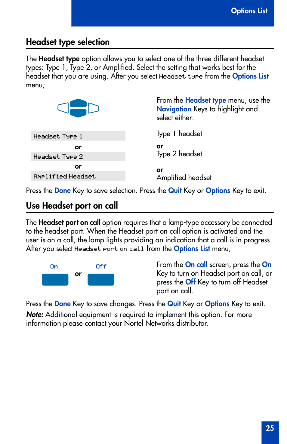 Headset type selection, Use headset port on call | Nortel Networks Meridian M3905 User Manual | Page 25 / 110