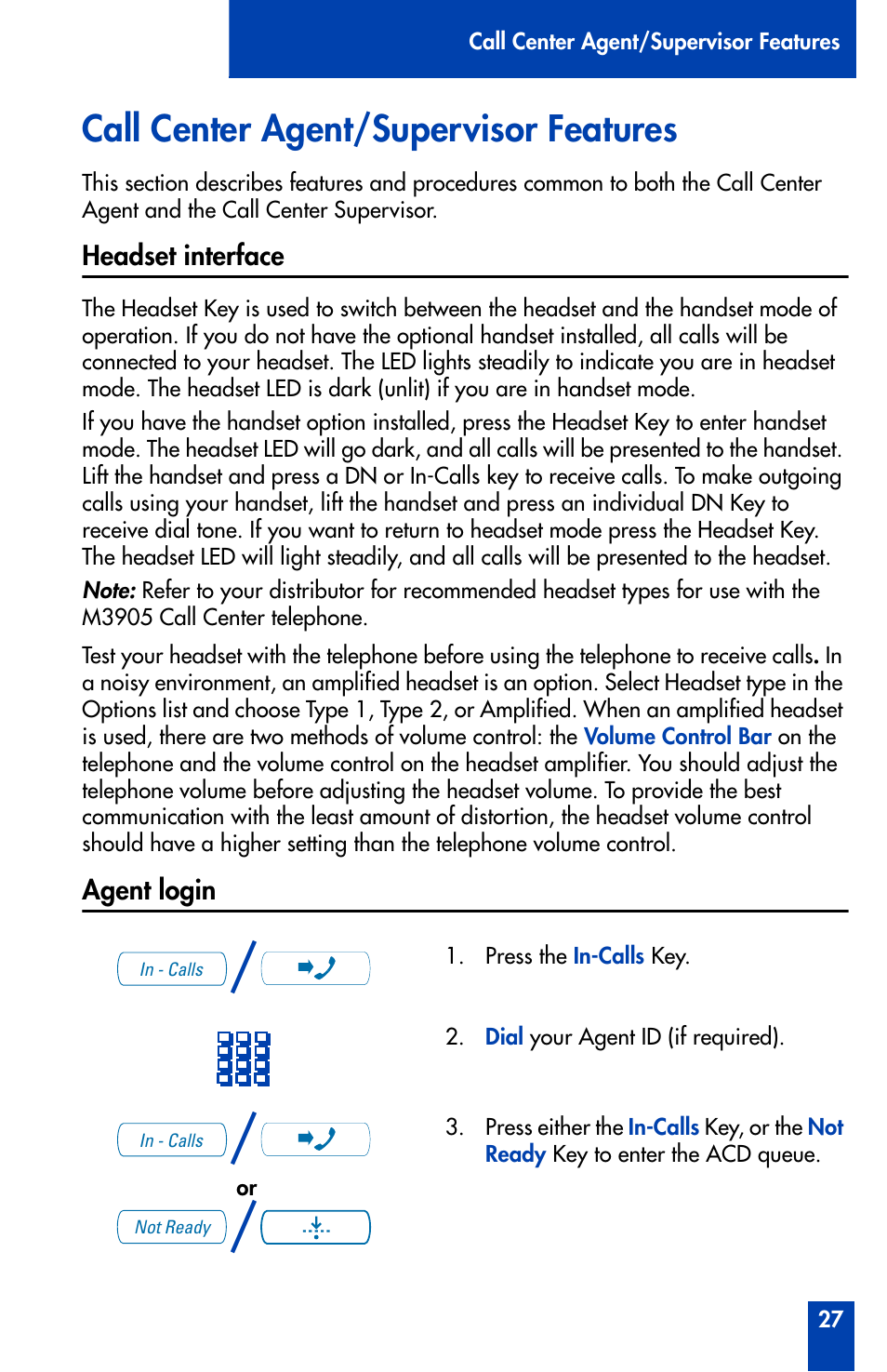 Call center agent/supervisor features, Headset interface, Agent login | Call center agent/supervisor features 27, Headset interface 27 agent login 27 | Nortel Networks Meridian M3905 User Manual | Page 27 / 110