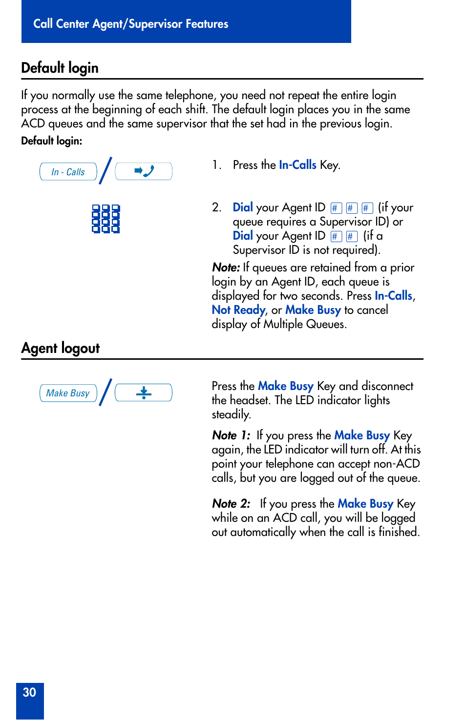 Default login, Agent logout, Default login 30 agent logout 30 | Nortel Networks Meridian M3905 User Manual | Page 30 / 110