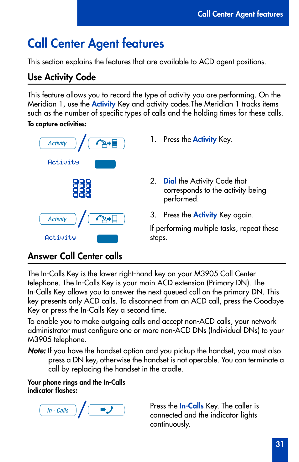 Call center agent features, Use activity code, Answer call center calls | Call center agent features 31, Use activity code 31 answer call center calls 31 | Nortel Networks Meridian M3905 User Manual | Page 31 / 110