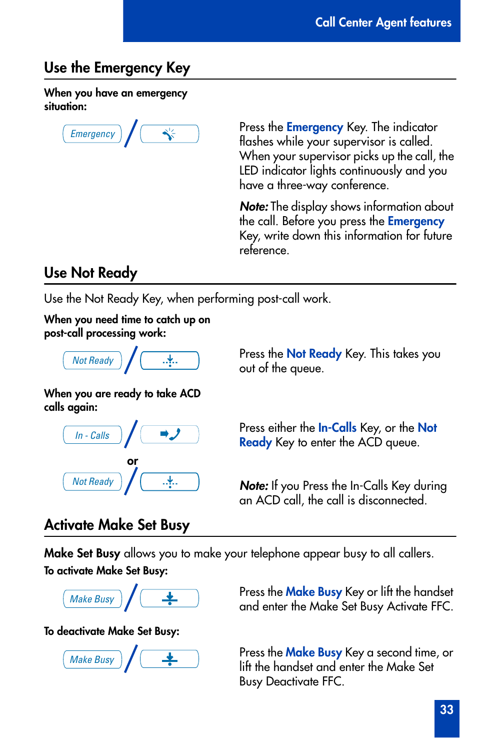 Use the emergency key, Use not ready, Activate make set busy | Nortel Networks Meridian M3905 User Manual | Page 33 / 110