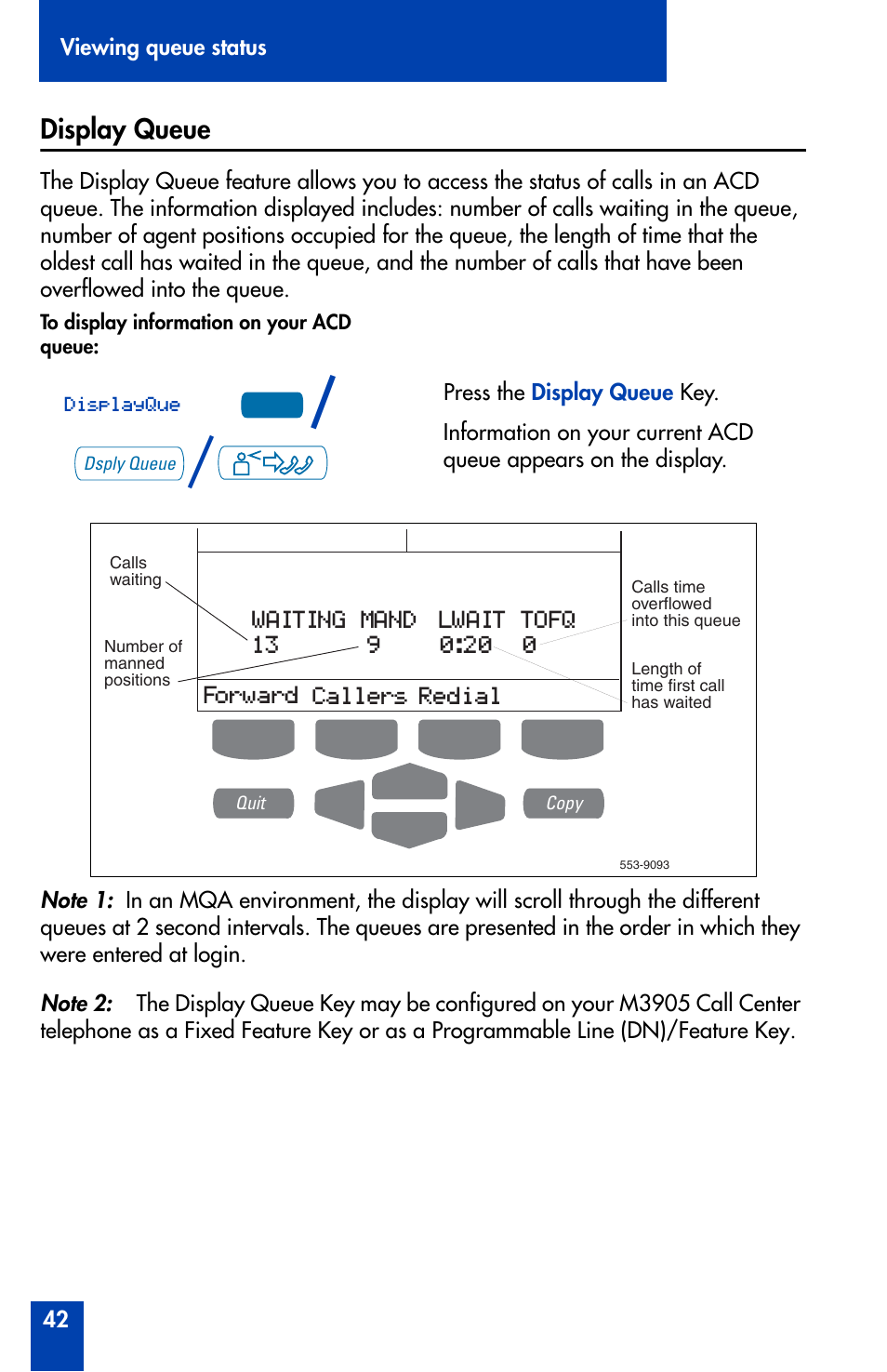 Display queue, Display queue 42, Callers redial | Nortel Networks Meridian M3905 User Manual | Page 42 / 110