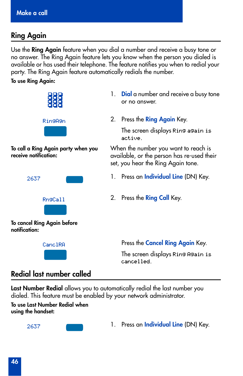 Ring again, Redial last number called, Ring again 46 redial last number called 46 | Nortel Networks Meridian M3905 User Manual | Page 46 / 110